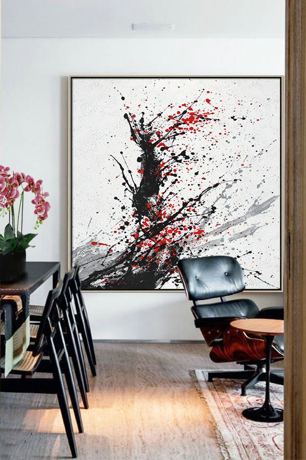 Huge Abstract Painting On Canvas,Minimalist Drip Painting On Canvas, Black, White, Grey, Red,Hand-Painted Contemporary Art #W5J1